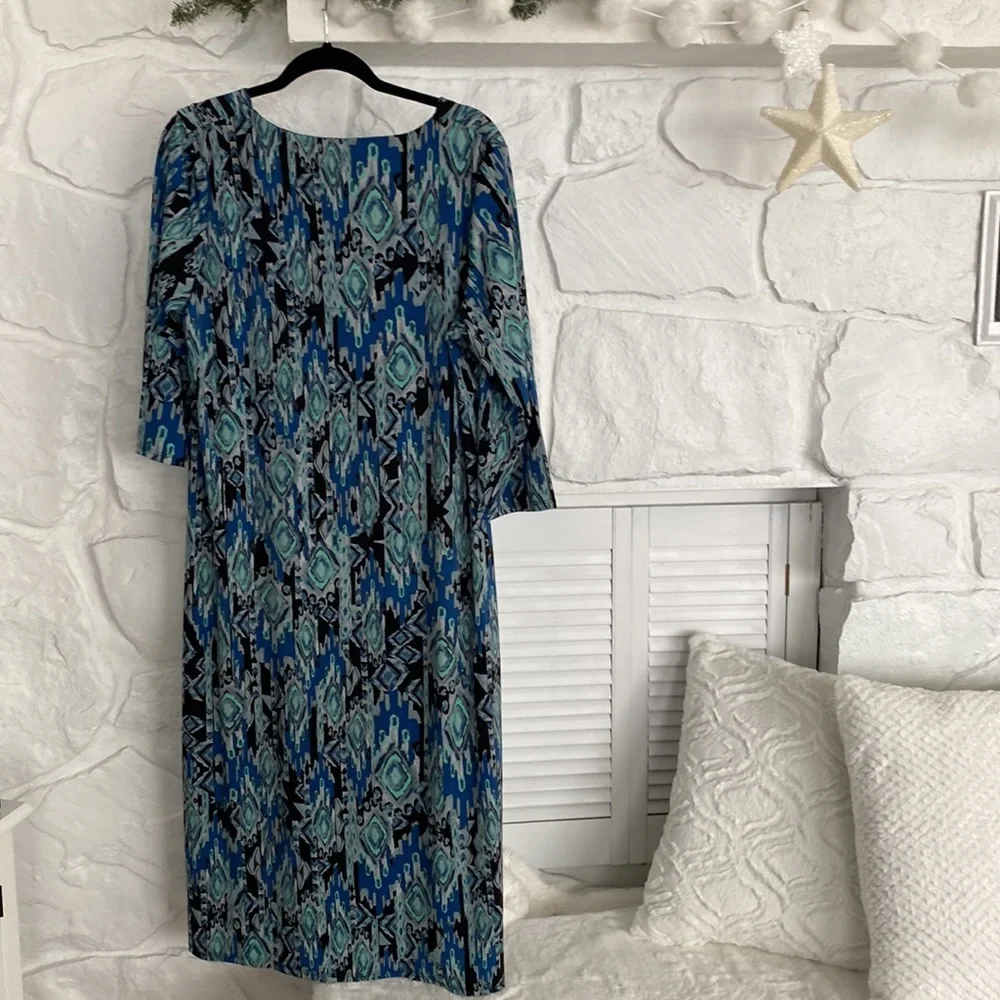Cold water Creek tunic top mblue black gray seafoam green print front opening - Picture 2 of 9